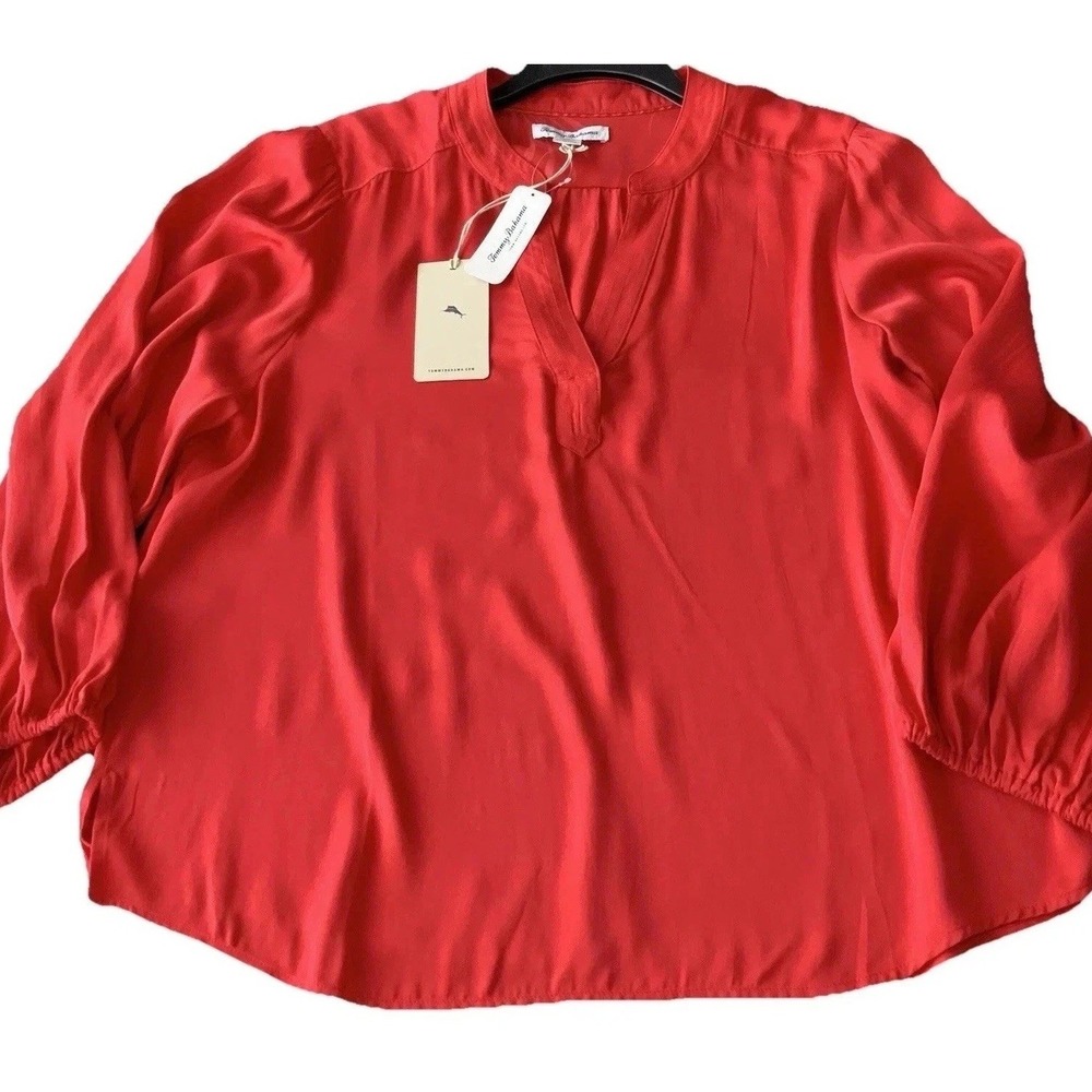 New Tommy Bahama Top Blouse XL Split Neck Long Sleeve Red NWT $128